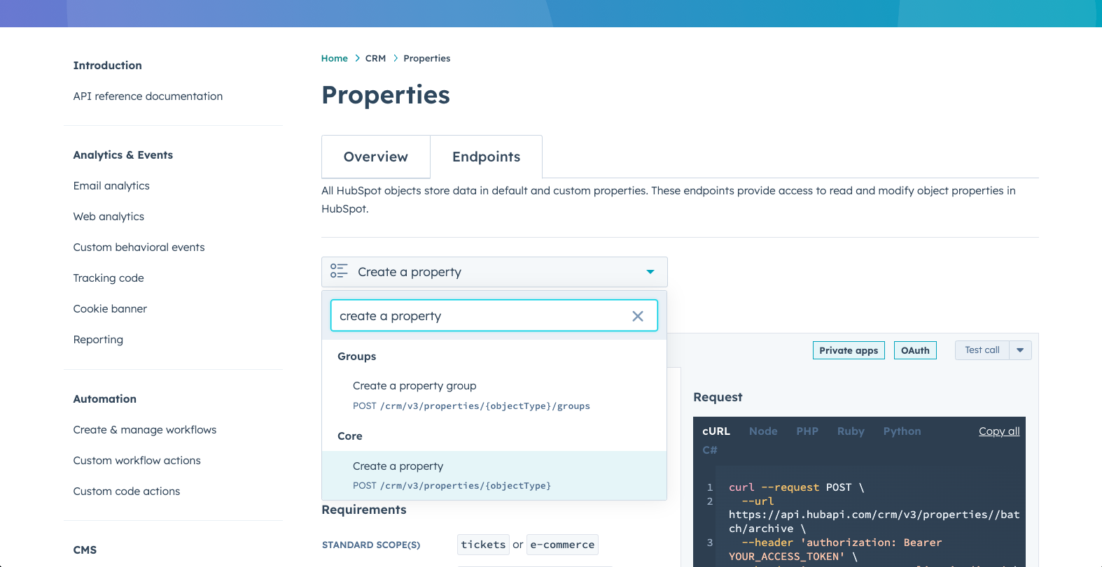 Find Create a Property in the HubSpot API Docs
