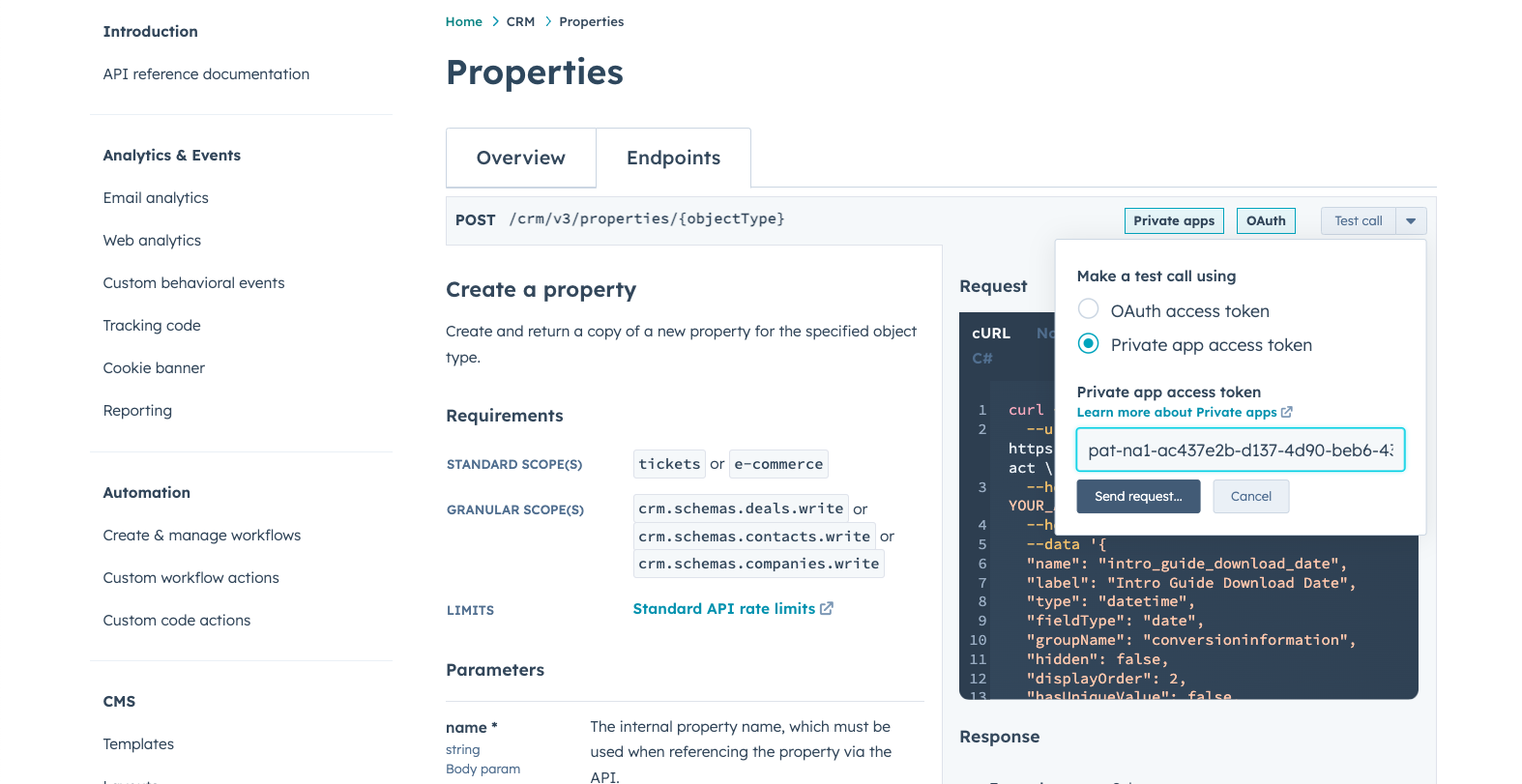 Put Private App Access token into HubSpot API Docs to create datetime property