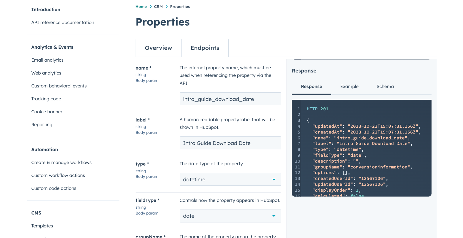 Response for datetime property creation in HubSpot - 201