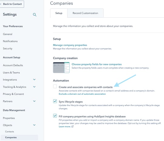 Turn off Create and associate companies with contacts in HubSpot