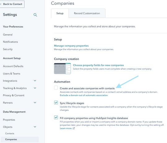 Turn off Create and associate companies with contacts in HubSpot