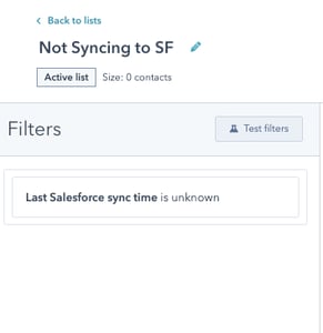 HubSpot "Not Syncing to Salesforce" list filters screenshot.