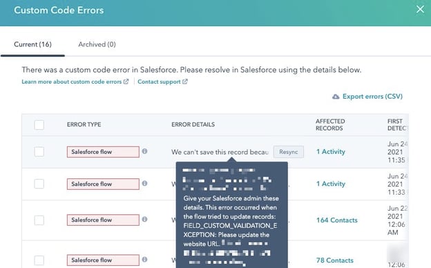 Salesforce Validation Error in Custom Code Errors HubSpot Health