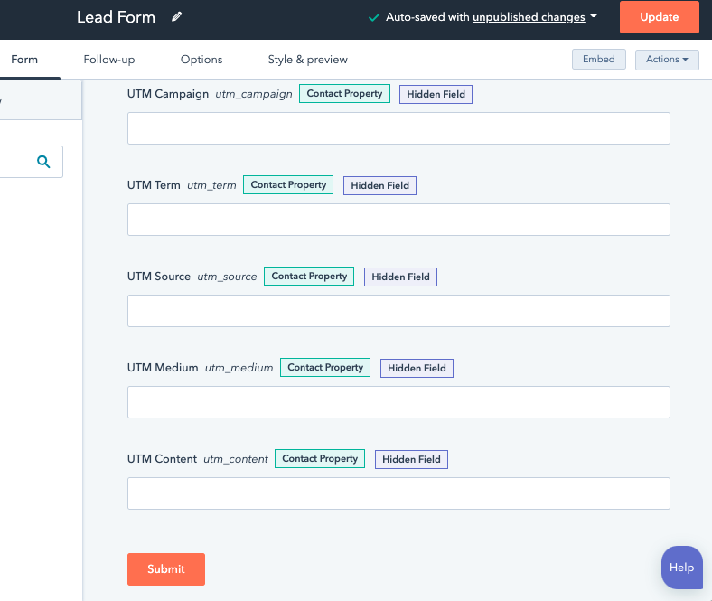 UTM parameters captured using HubSpot form fields