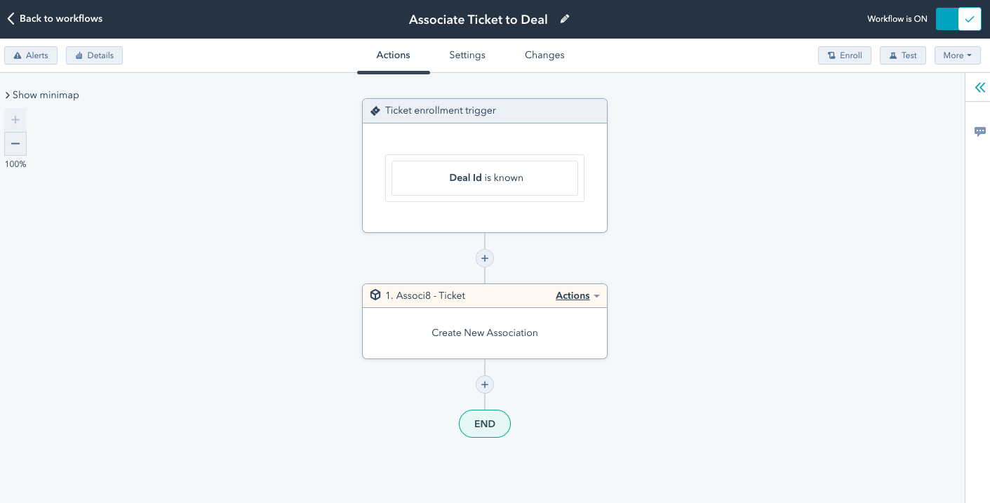 HubSpot Screenshot - Workflow to Leverage Associ8 to Associate Ticket to Deal