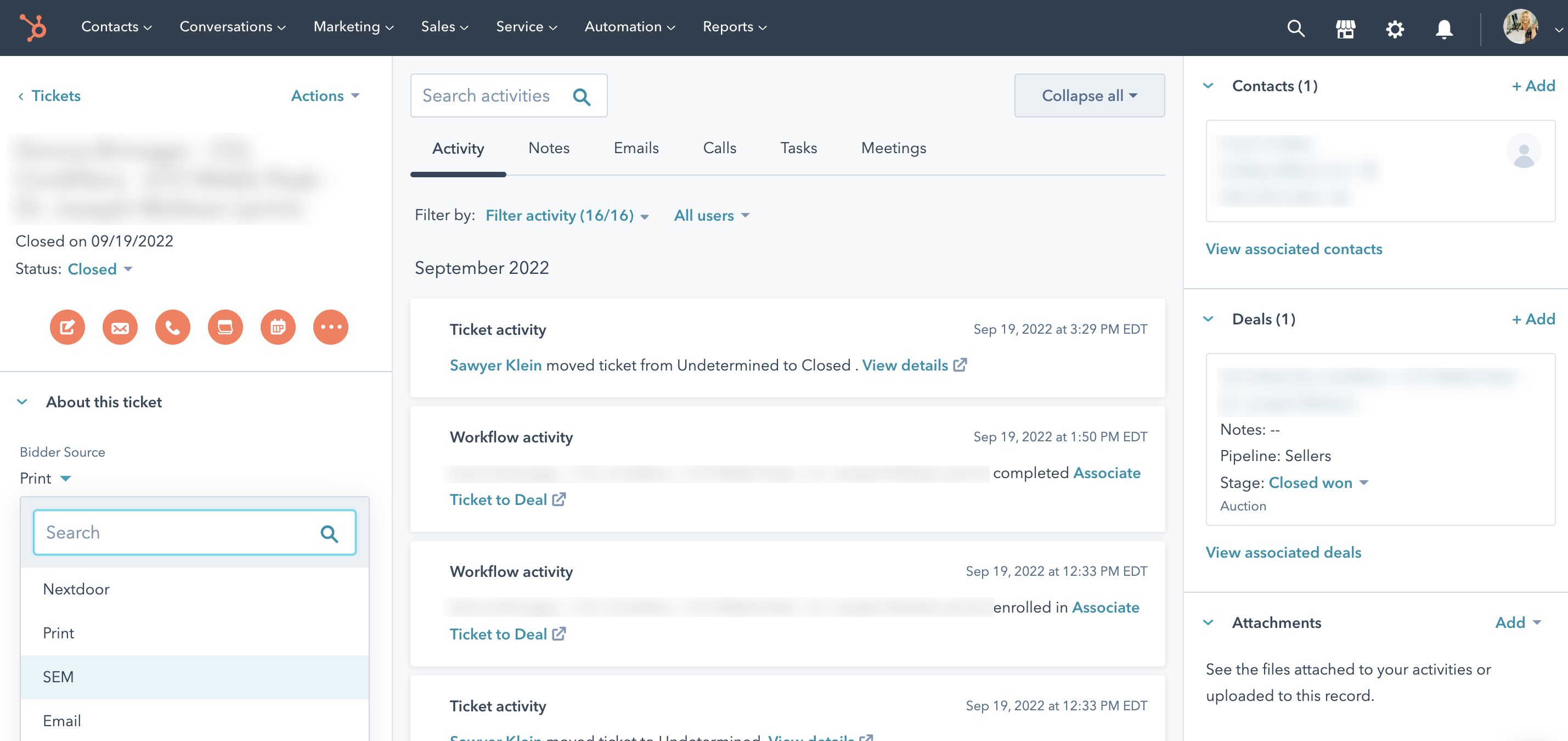 HubSpot Screenshot - Ticket Showing Sources