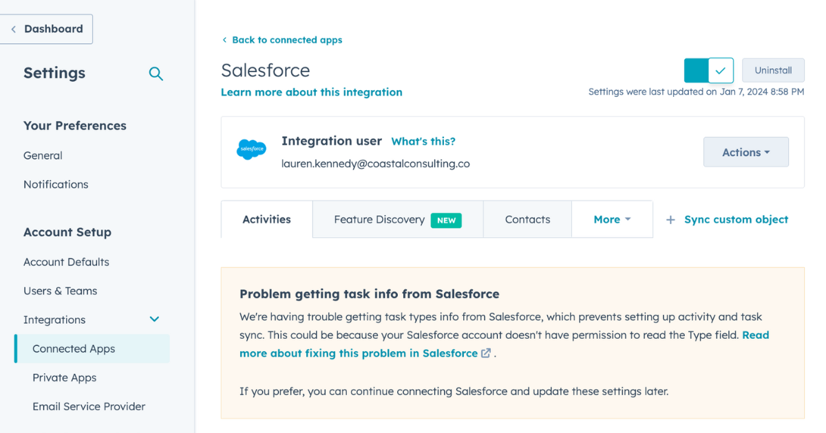 Problem getting Task Info from Salesforce - HubSpot Salesforce Activity Sync