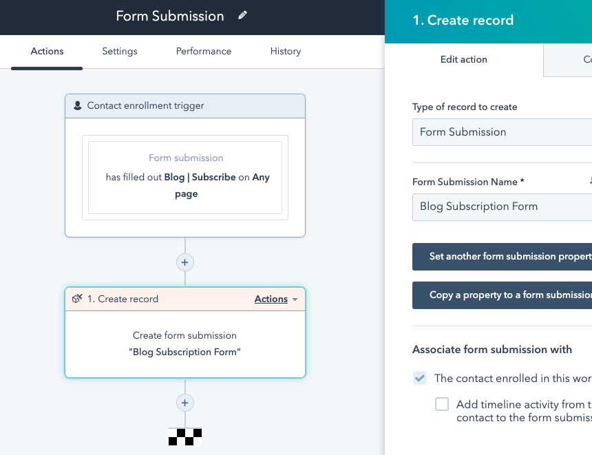Screenshot of Form Submission workflow in HubSpot