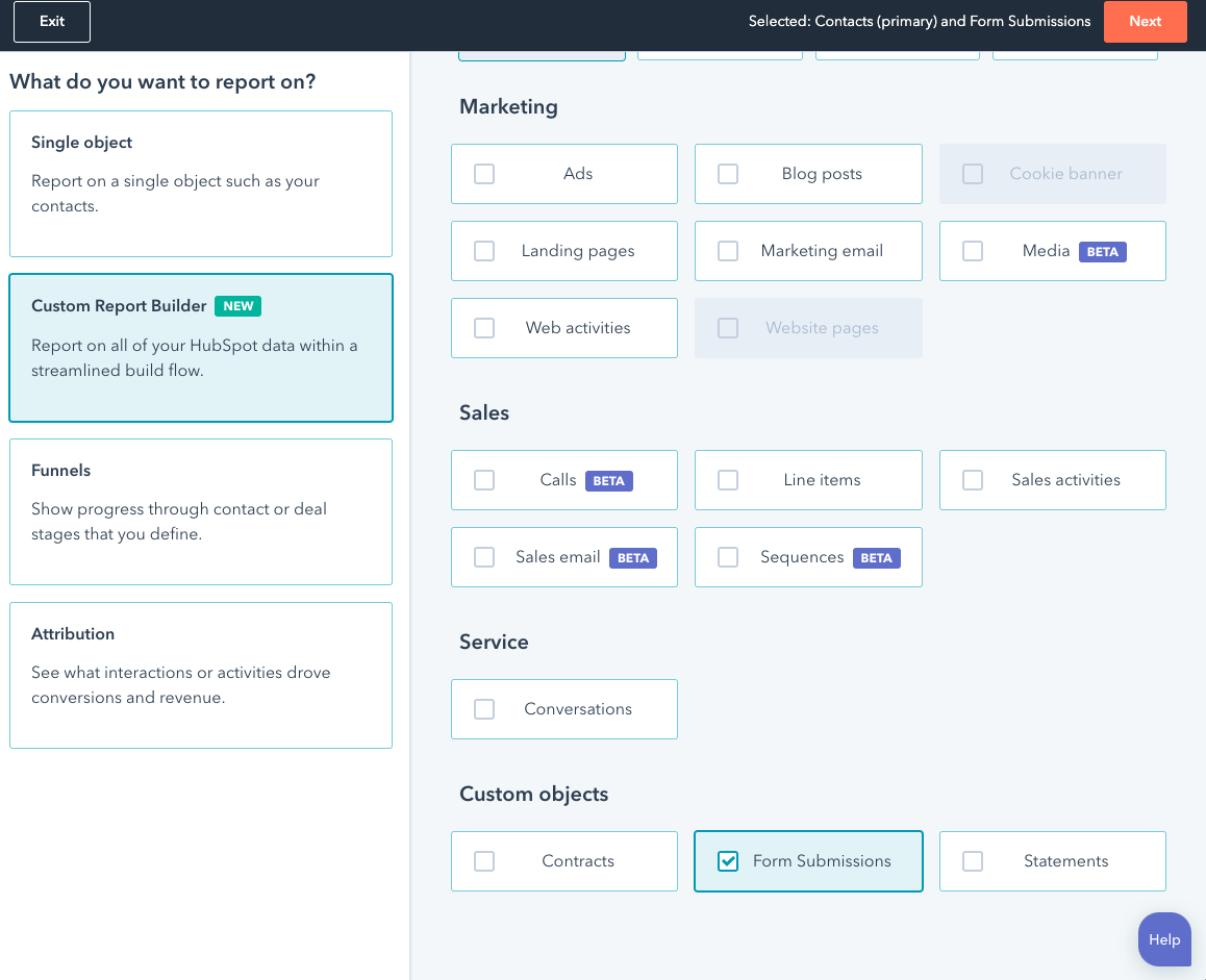 Screenshot of Custom Report Builder in Hubspot