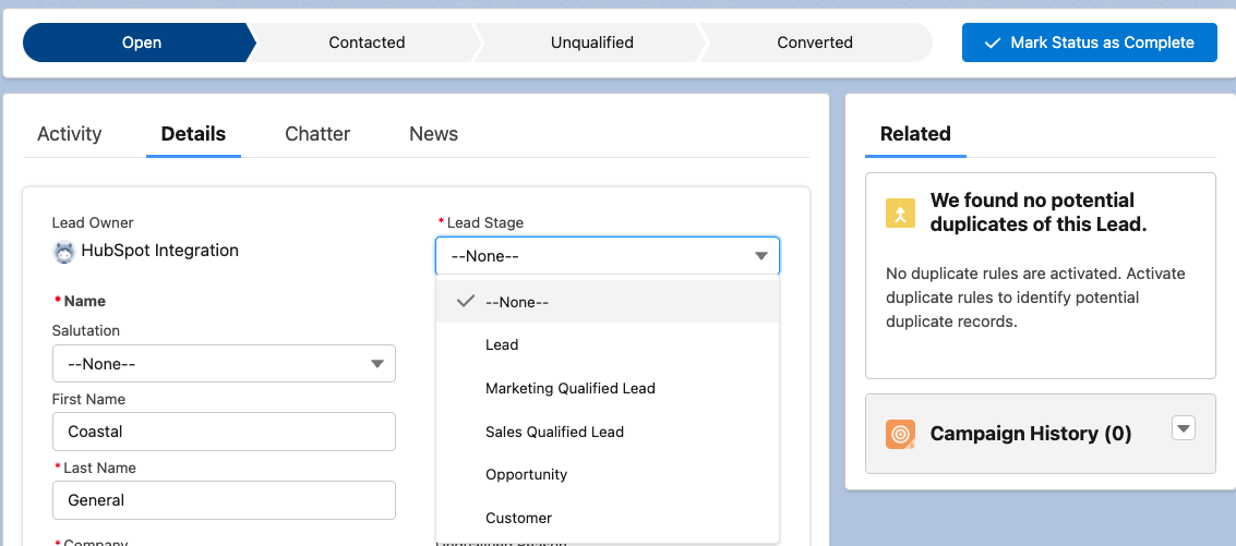 Salesforce Lead Stage field